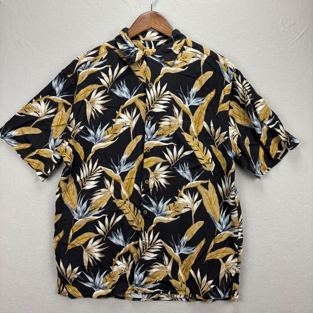 Jos A Bank Mens M Hawaiian Shirt 100% Silk Black Bird Paradise Tropical Aloha
